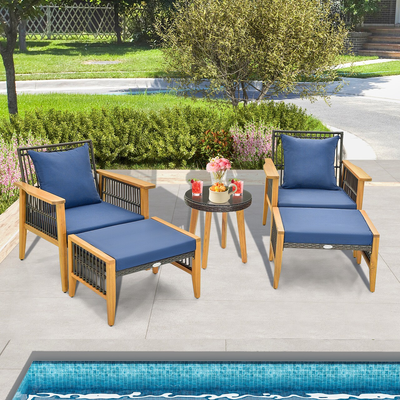 5 Piece Patio Furniture Set With Coffee Table And 2 Ottomans-navy